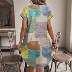 Summer Geometric Abstract Print Elegant V-Neck Button Sleeve Dress