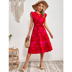 Summer Printed round Neck Ruffled Short-Sleeve One Piece Dress
