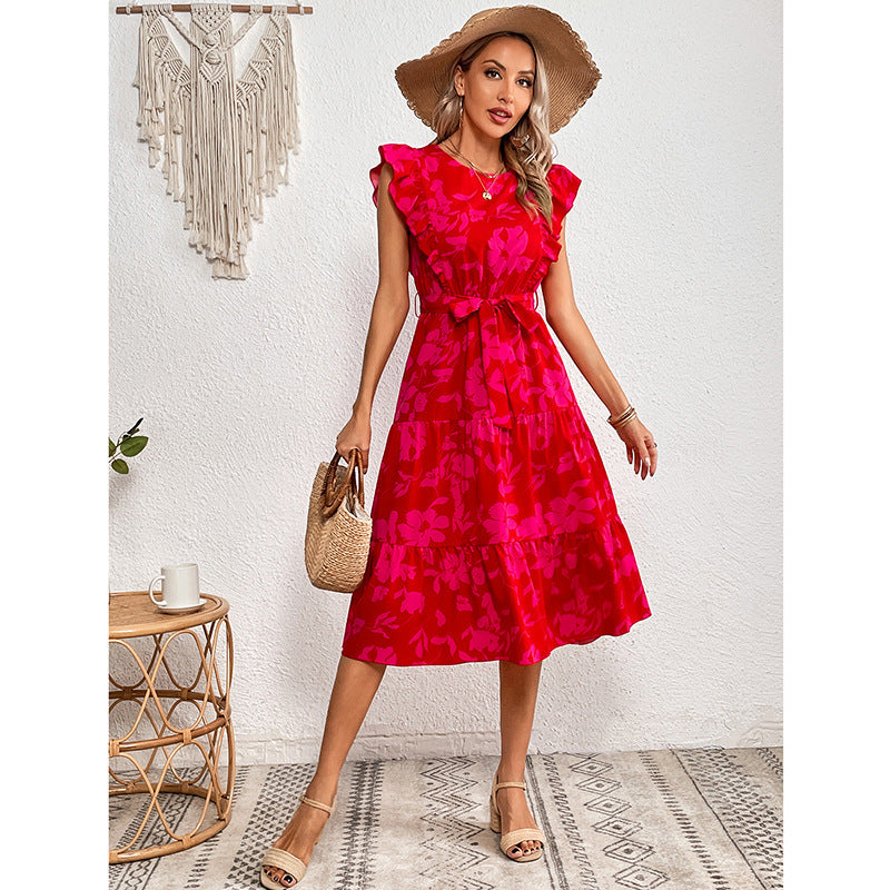 Summer Printed round Neck Ruffled Short-Sleeve One Piece Dress