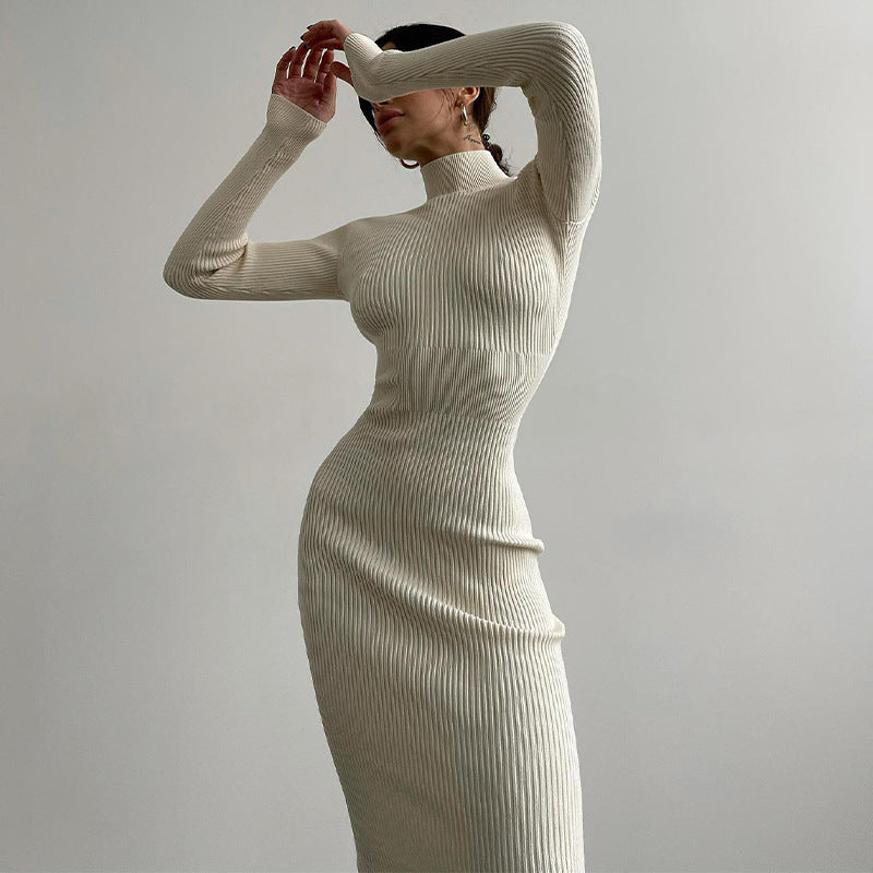 High Collar Midi Sunken Stripe Knitted Dress Solid Color Wool Tight