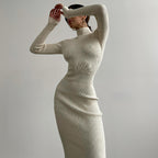 High Collar Midi Sunken Stripe Knitted Dress Solid Color Wool Tight