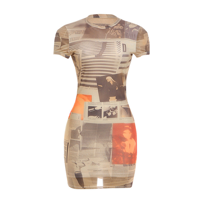 Khaki graphic one-piece swimsuit, crew neck and short sleeves, fitted mini length