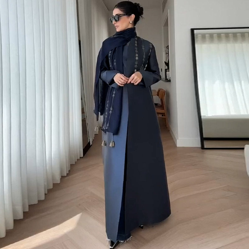 British Retro Motorcycle Embroidered Coat Midi Robe Trench Coat