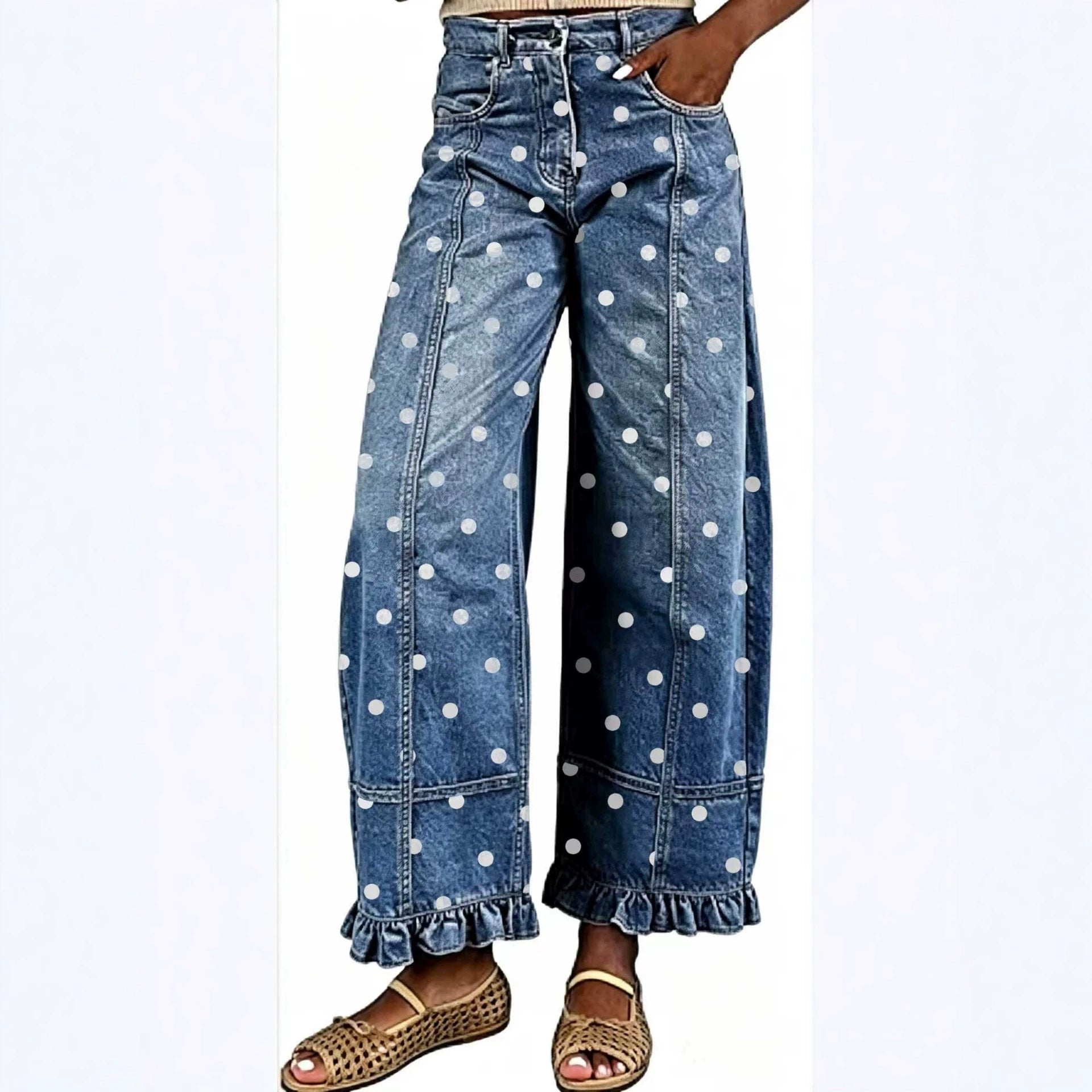 Women's High-Waist Polka-Dot Wide-Leg Jeans