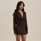 Pleated Cowl Neck Long Sleeve Mini Dress