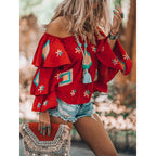Women's Clothing Bohemian Long Sleeved Shirt Women Autumn Red Casual Women Top