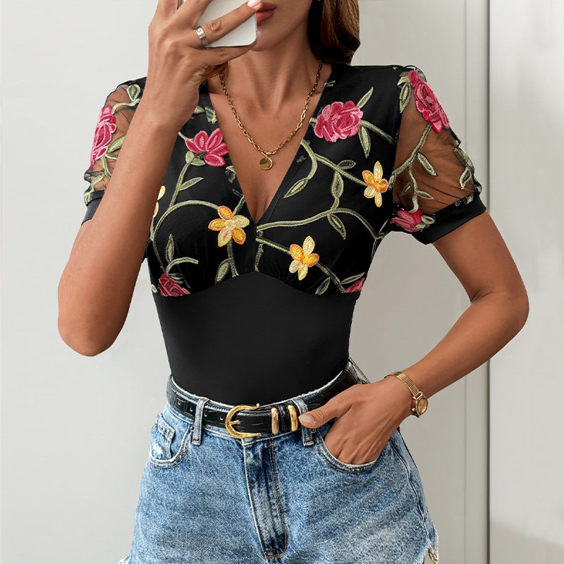 V-Neck Mesh Jacquard Jumpsuit for Women