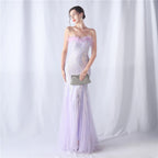 Women's Ostrich Feather Floral Cutting Wedding Strapless Sequin Gauze Dress