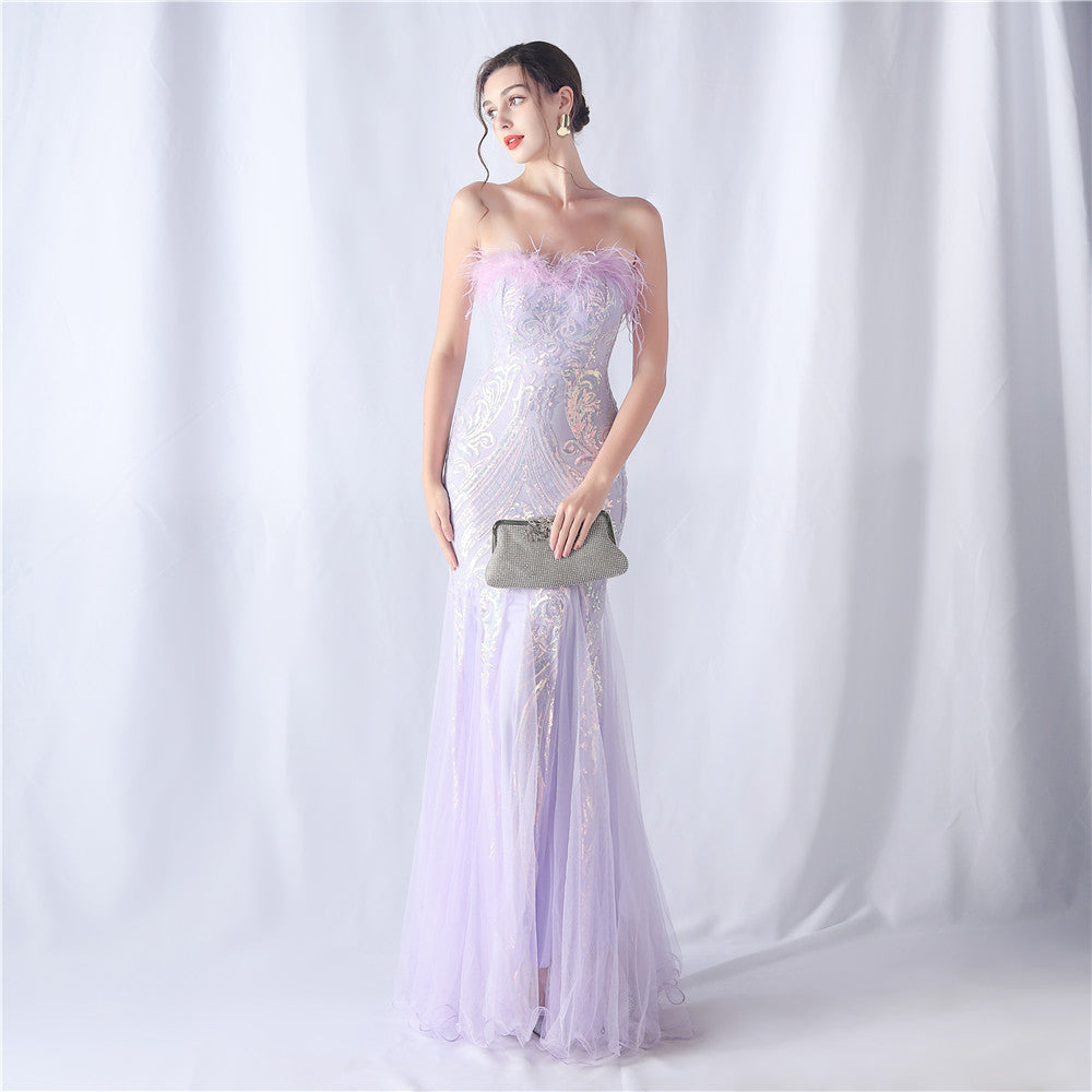 Women's Ostrich Feather Floral Cutting Wedding Strapless Sequin Gauze Dress