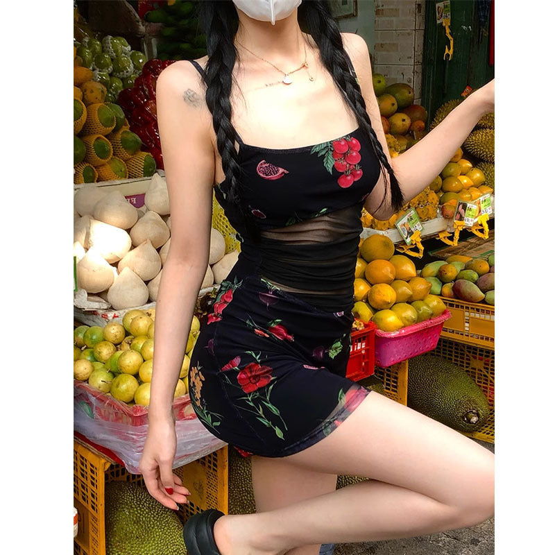 Women's Spaghetti-Strap Floral Mesh Split Bodycon Cami Dress