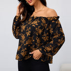 Women's off Shoulder Women Shirt Floral Elegant Long Sleeve Top