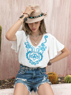 Women's Bohemian Beach Casual Embroidered Front Middle Strap Women Top