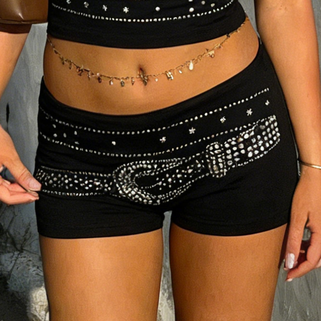 Women Clothing Street Sexy Casual Rhinestone Vest Shorts Two Piece Set