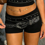Women Clothing Street Sexy Casual Rhinestone Vest Shorts Two Piece Set