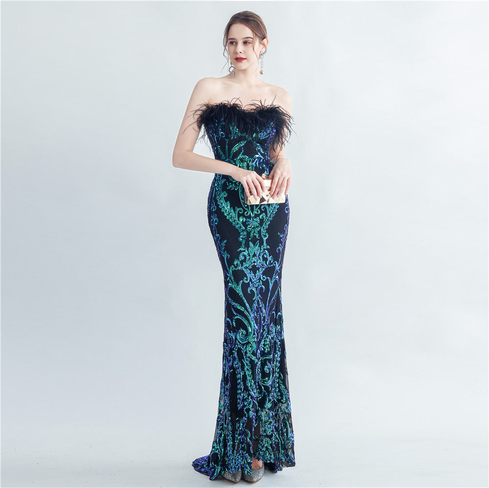Women's Ostrich Feather Elegant Strapless Evening Dress