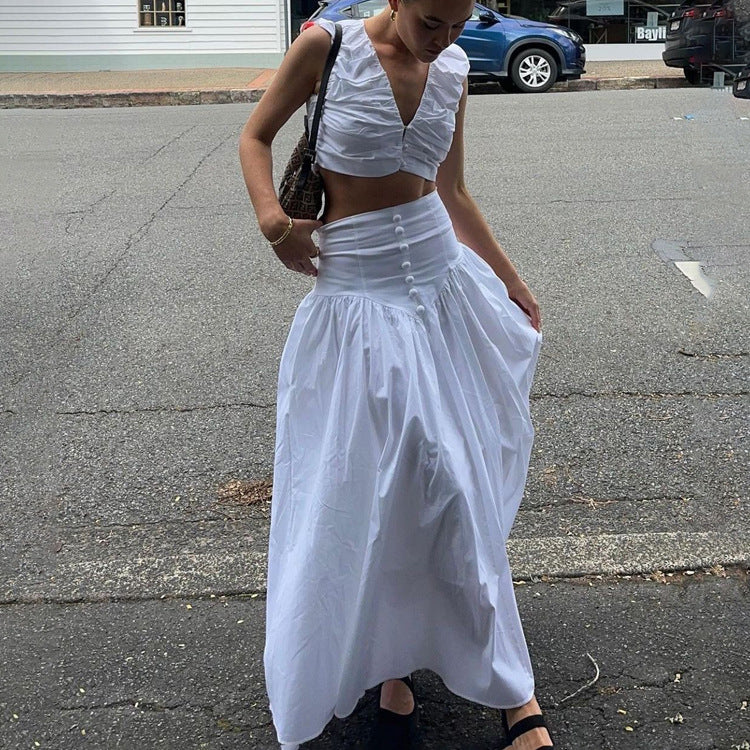 Pleated Vest & High-Waist Skirt Set