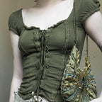 Women’s Green Vintage Square Neck Lace Up Top