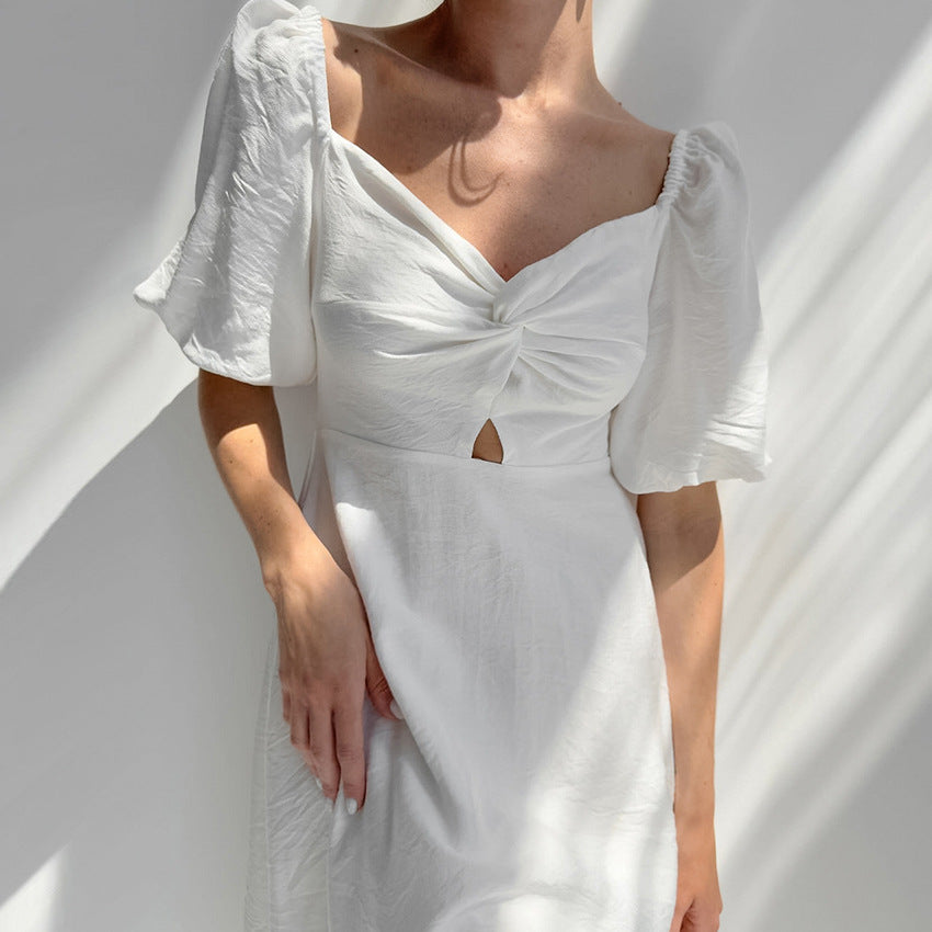 Square-Neck Puff-Sleeve A-Line Dress