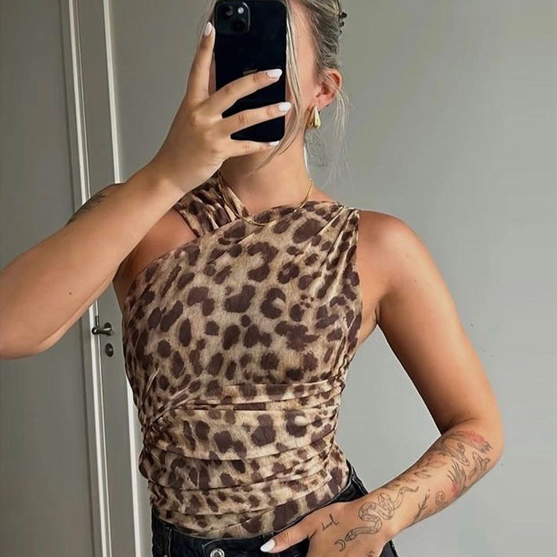 Women's Leopard Mesh Ruched Asymmetric Romper
