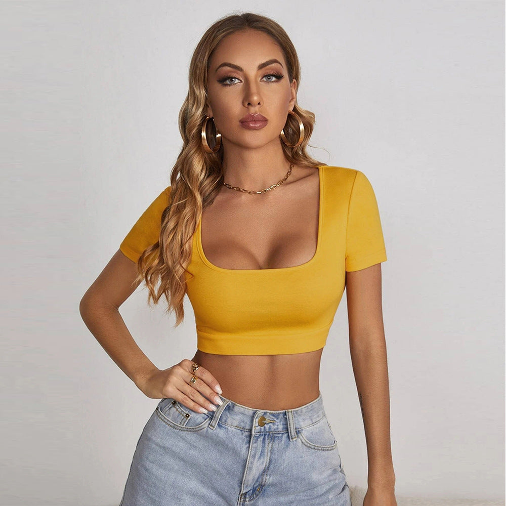 Women's Women Clothing Summer New Square Collar Cropped T-Shirt Sexy Slim Street Short Sleeve