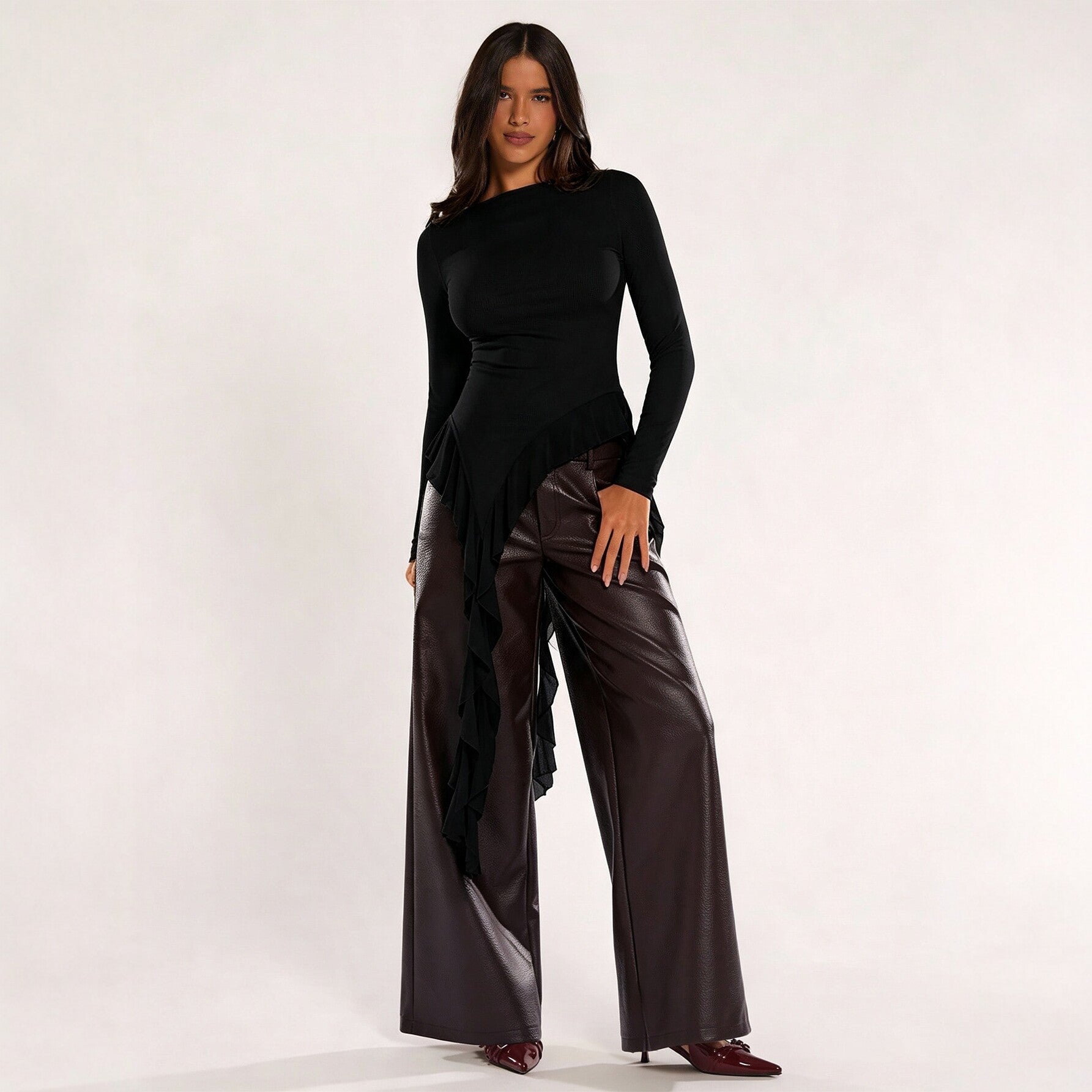 Women Clothing Irregular Asymmetric Ruffle Top Women Long Sleeved off Neck Elegant Slimming Bottoming Shirt