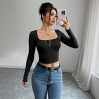 Women's Autumn Sexy Square Collar Off Shoulder Long Sleeve Women Tretch Tight Cropped T Shirt