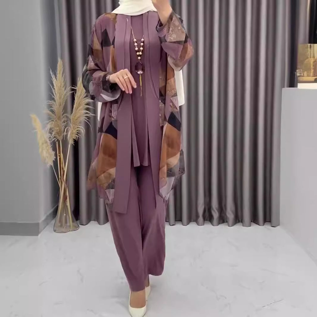 Casual Printed Thin Breathable High-Waist Trousers Lined Coat Three Pieces