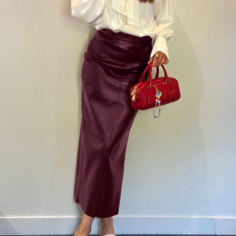 Faux-Leather Wine-Red Sheath Skirt