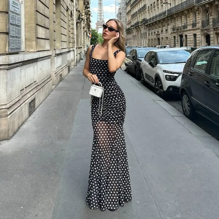 Sexy Dot Mesh Square Collar Pleated Waist Tight See through