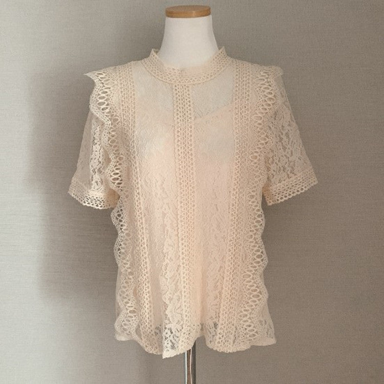 Women's Lace Shirt For Women Summer Solid Color Round Neck Short Sleeves Crocheted Hollow Out Cutout Loose All Matching Western Shirt For Women