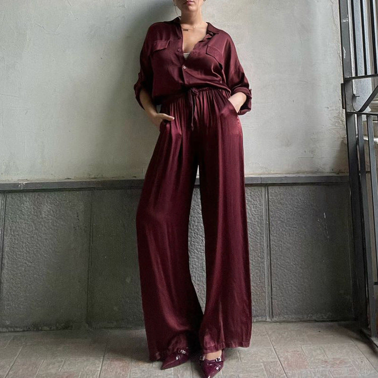 Satin Polo Collar Long Sleeve Loose Shirt