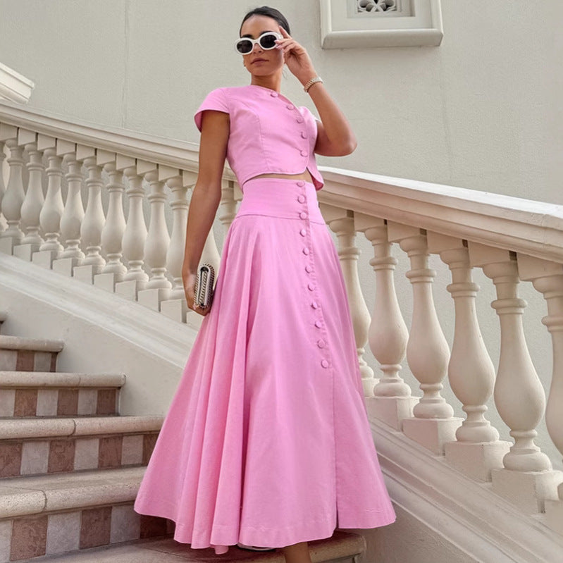 Women's Pink Cotton V-Neck Two-Piece Skirt Set