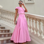 Women's Pink Cotton V-Neck Two-Piece Skirt Set
