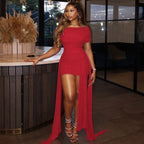Women's Solid Color Elegant Women Clothing Design Lace Up Hip Fitted Waist Pleated Off Neck Short Sleeve Dress
