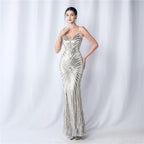 Women's Floral Cutting Beaded Wedding Event Sequin Strappy Night Dress