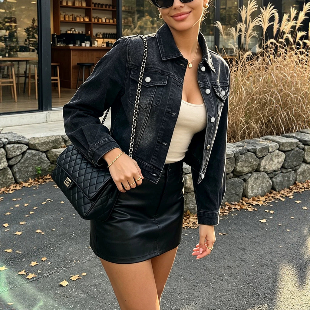 Women Black Denim Jacket Coat Short Elegant Collared Long Sleeve