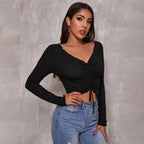 Women's V Neck Long Sleeved T Shirt Casual Simple Design Bottoming