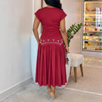 Rhinestone V-Neck Short-Sleeve A-Line Maxi Dress