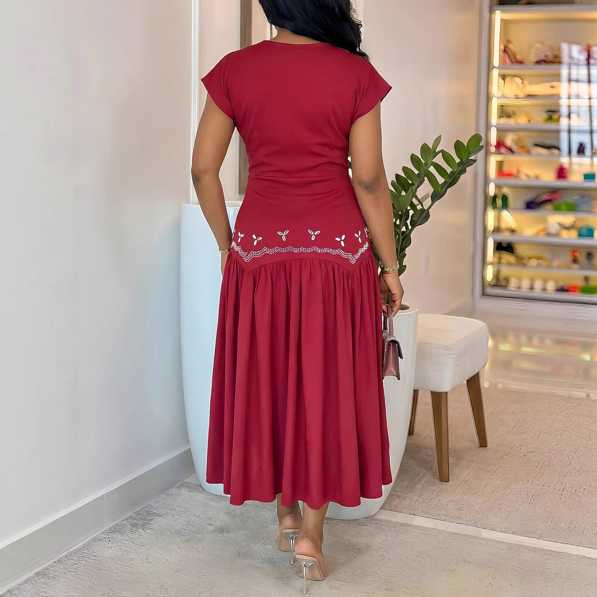 Rhinestone V-Neck Short-Sleeve A-Line Maxi Dress