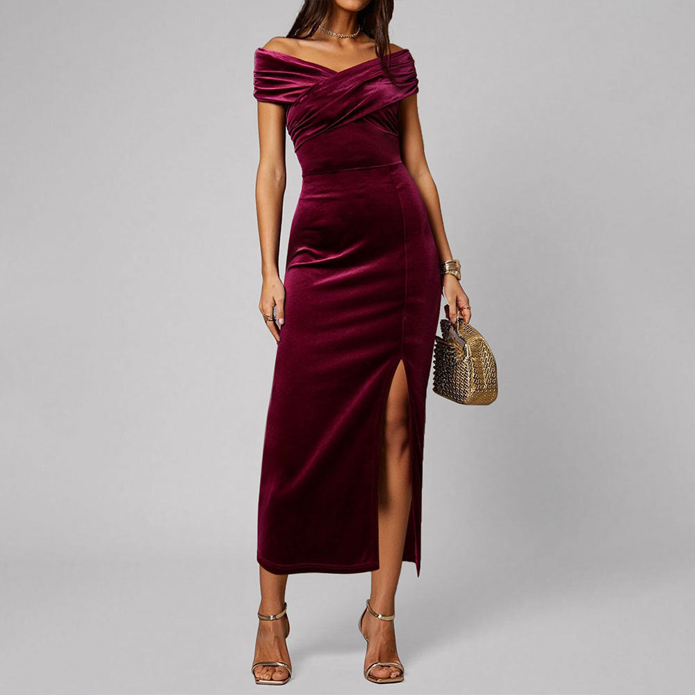 Women's Gold Velvet Off-Shoulder Split Maxi Dress