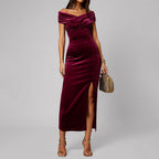 Women's Gold Velvet Off-Shoulder Split Maxi Dress