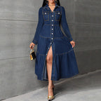 Collared Long-Sleeve Denim Shirt Maxi Dress