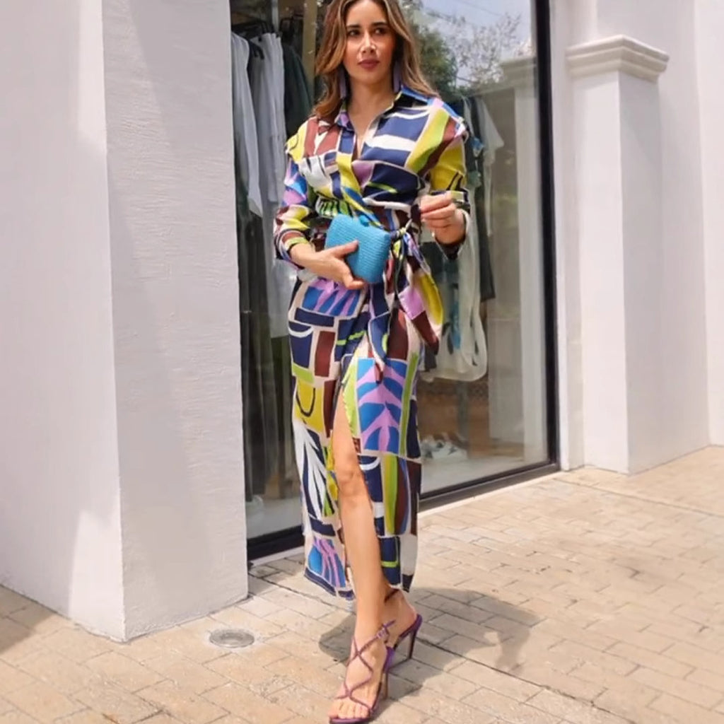 Printed V-Neck Belted Long-Sleeve Maxi Dress