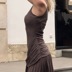 Women's Spring Stitching Ribbon Ruffled Slim Street Midi Dress