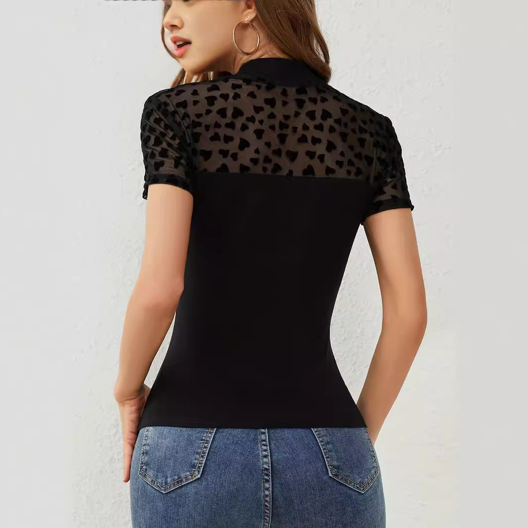 Heart Detail Mesh Short Sleeve Top