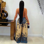 Women Retro Printed Deep V Plunge Waist Trimming Lace up