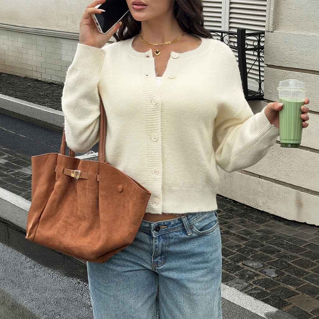 Women's Autumn Plush Crew-Neck Button Cardigan