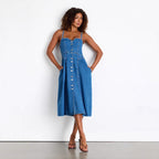 Women's Smocked Denim V-Neck Midi Dress