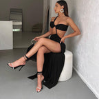 Women's Sloping Shoulder Dress Solid Color Pullover Sexy Backless Evening Dress Long Socialite Split