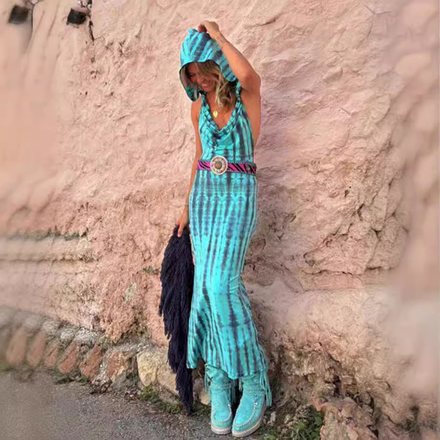 Hooded Backless Print Ethnic Dress
